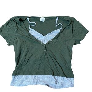 Green and Gray Button-Up Top